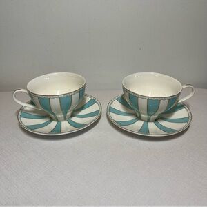 Meritage Heritage Fabio blue & White Striped Teacup & Saucers. 6 oz. Set of 2.